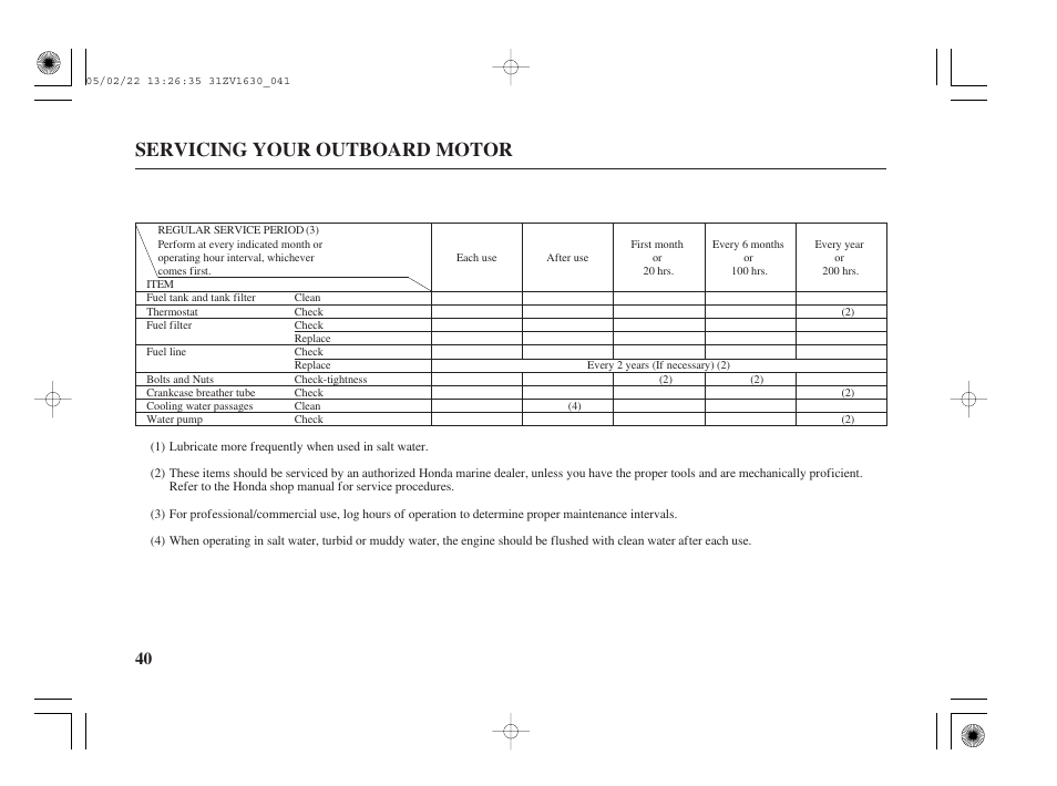 Servicing your outboard motor | HONDA Outboard Motor BF5A User Manual | Page 42 / 93