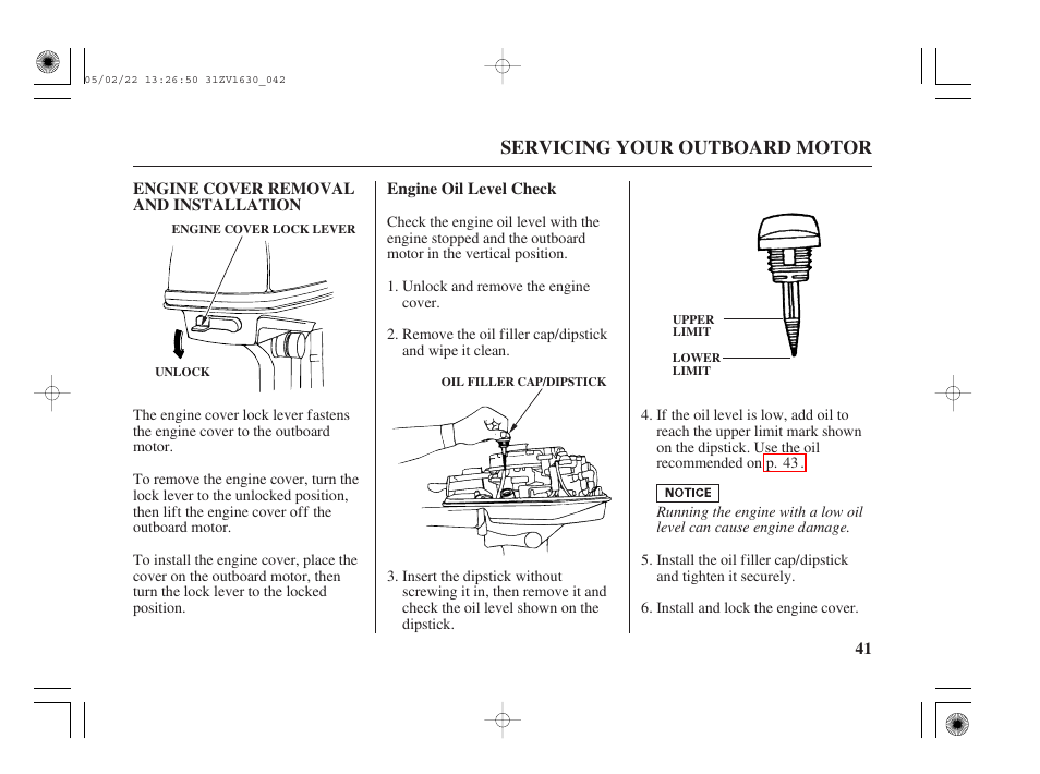 Engine cover removal and installation, Engine oil level check | HONDA Outboard Motor BF5A User Manual | Page 43 / 93