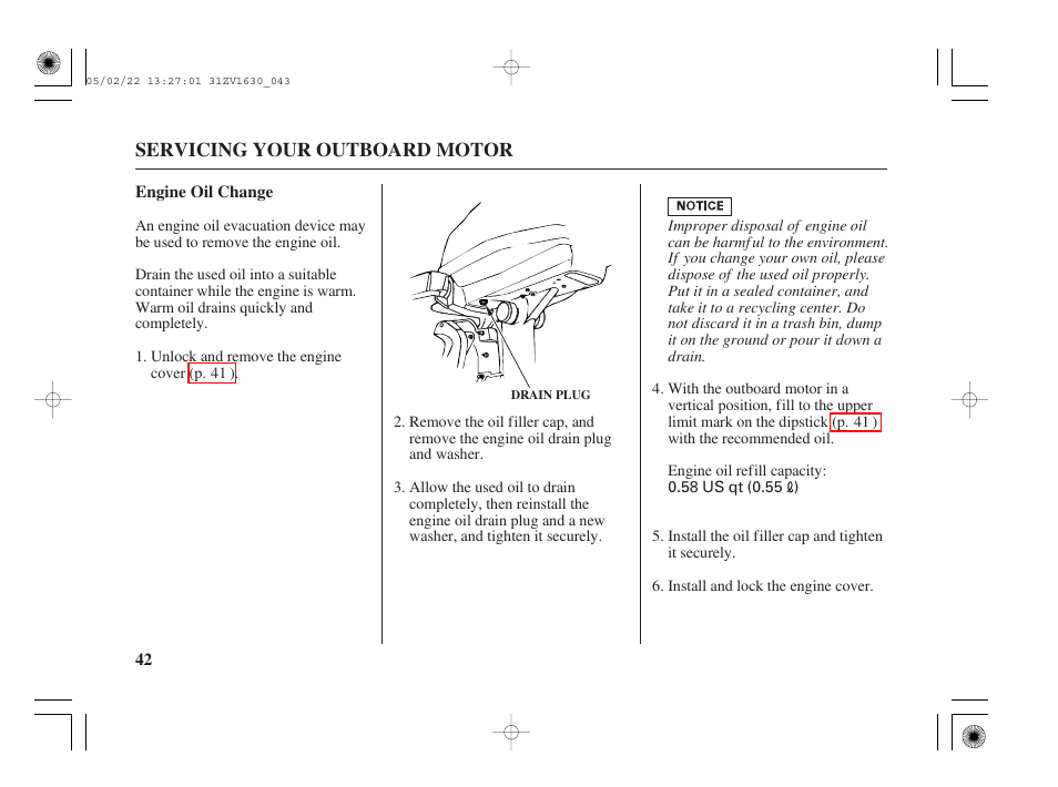 Engine oil change | HONDA Outboard Motor BF5A User Manual | Page 44 / 93