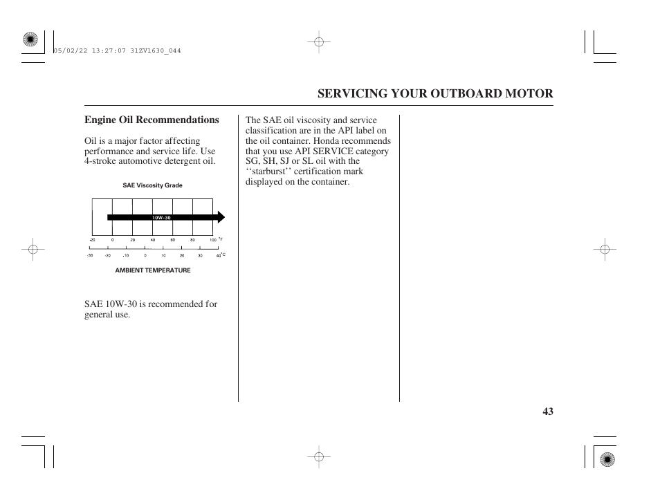 Engine oil recommendations, Servicing your outboard motor | HONDA Outboard Motor BF5A User Manual | Page 45 / 93