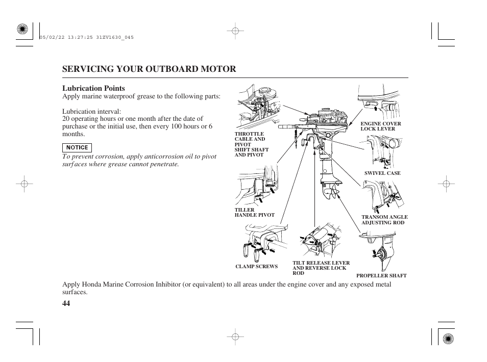 Lubrication points, Servicing your outboard motor | HONDA Outboard Motor BF5A User Manual | Page 46 / 93