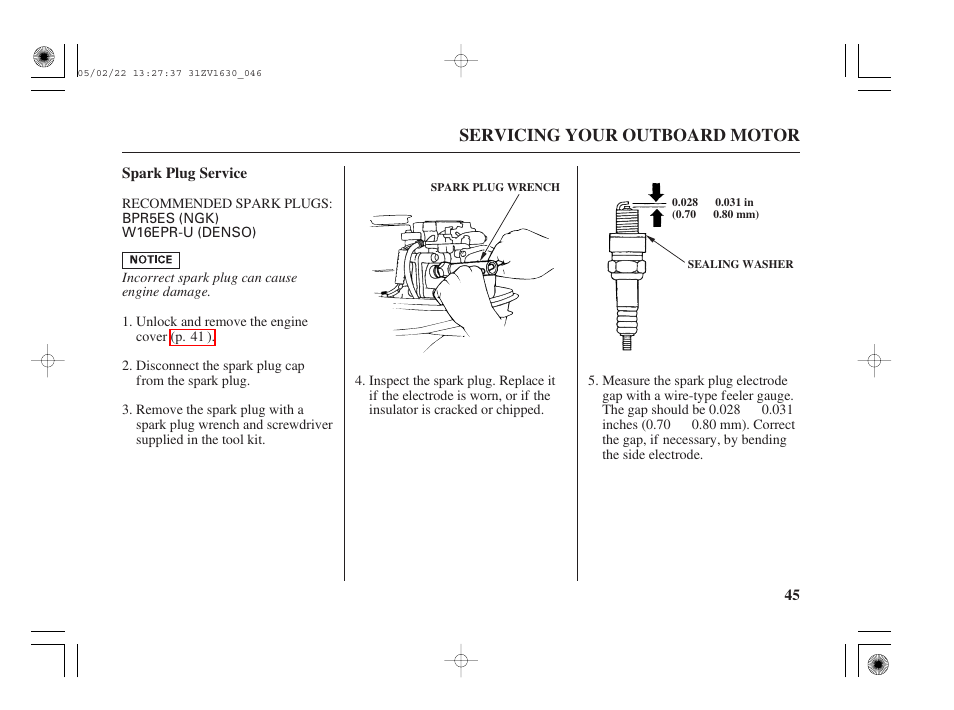 Spark plug service, Servicing your outboard motor | HONDA Outboard Motor BF5A User Manual | Page 47 / 93