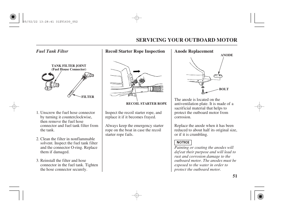 Recoil starter rope inspection, Anode replacement, Servicing your outboard motor | HONDA Outboard Motor BF5A User Manual | Page 53 / 93