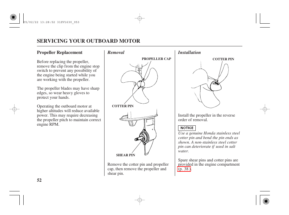 Propeller replacement, Servicing your outboard motor | HONDA Outboard Motor BF5A User Manual | Page 54 / 93