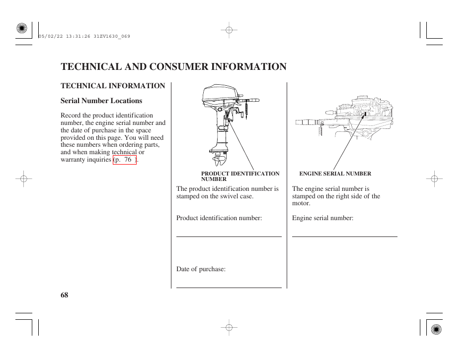 Technical and consumer information, Technical information, Serial number locations | Technical and consumer information . 68 | HONDA Outboard Motor BF5A User Manual | Page 70 / 93