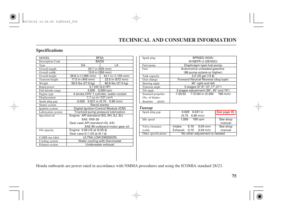 Specifications, Technical and consumer information, 75 specifications | Tuneup | HONDA Outboard Motor BF5A User Manual | Page 77 / 93