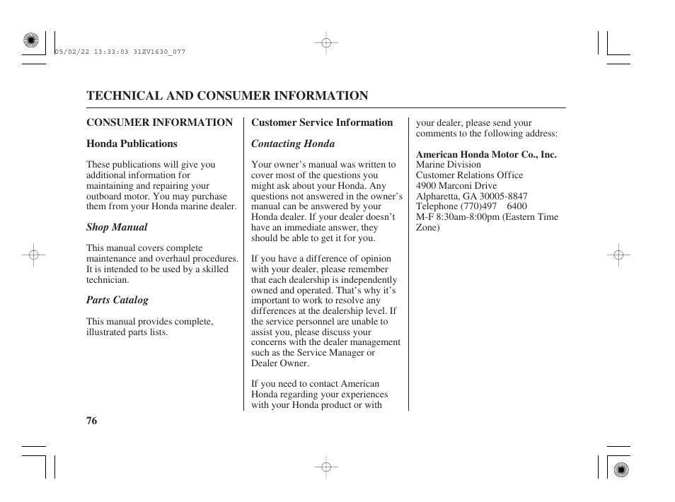 Consumer information, Honda publications, Customer service information | HONDA Outboard Motor BF5A User Manual | Page 78 / 93