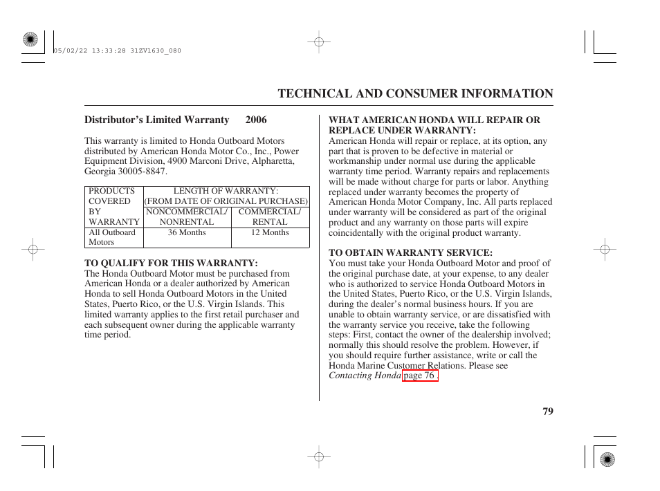 Distributor's limited warranty, Technical and consumer information | HONDA Outboard Motor BF5A User Manual | Page 81 / 93