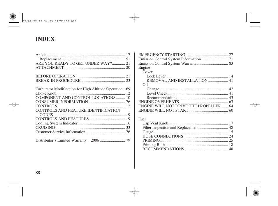 Index | HONDA Outboard Motor BF5A User Manual | Page 90 / 93