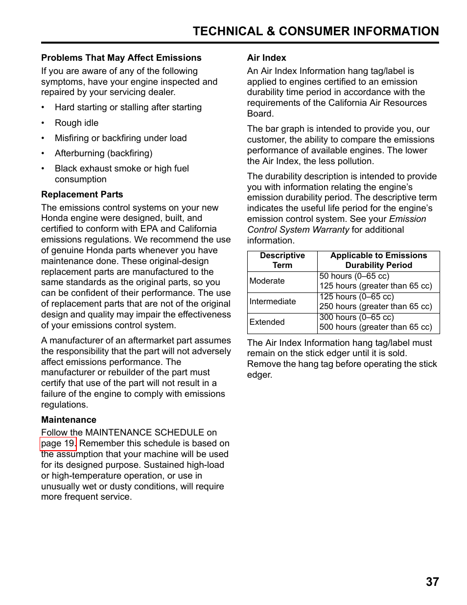 Technical & consumer information 37 | HONDA HHE31C User Manual | Page 39 / 44