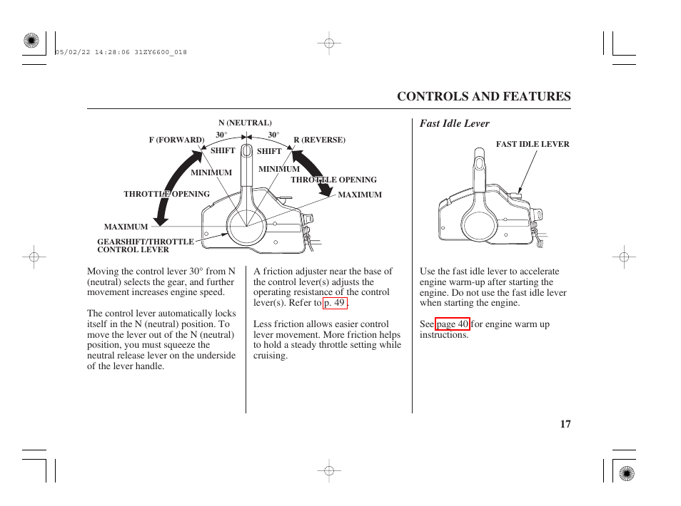 Fast idle lever, Controls and features | HONDA Outboard Motor BF150A User Manual | Page 19 / 129