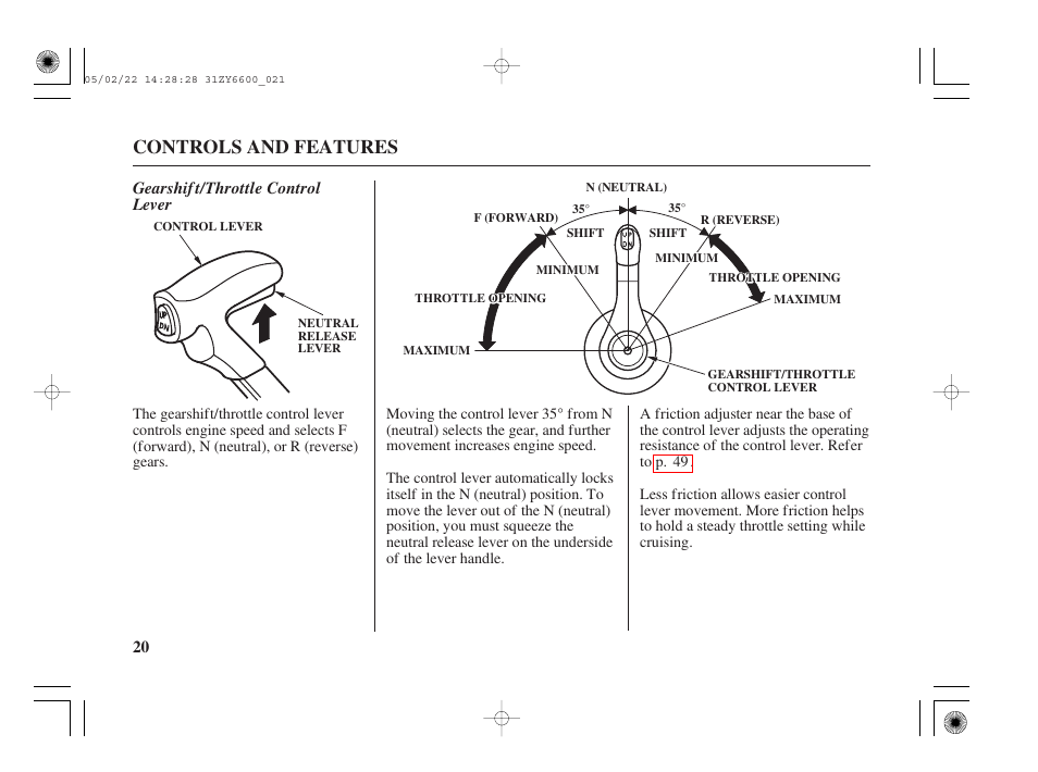 Gearshift/throttle control lever, Controls and features, Gearshif t/throttle control lever | HONDA Outboard Motor BF150A User Manual | Page 22 / 129