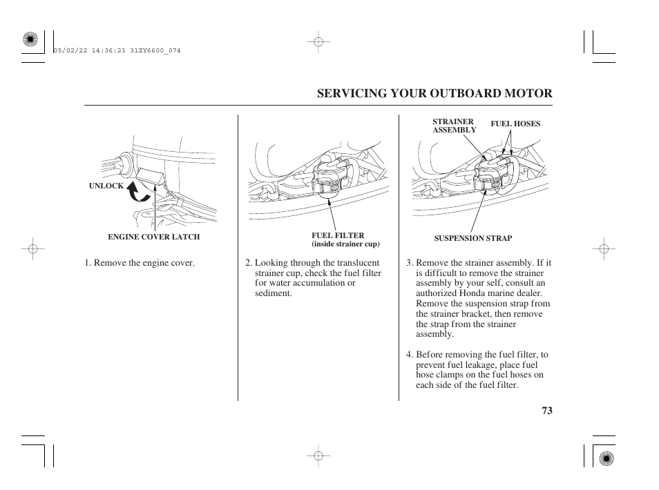 Servicing your outboard motor | HONDA Outboard Motor BF150A User Manual | Page 75 / 129