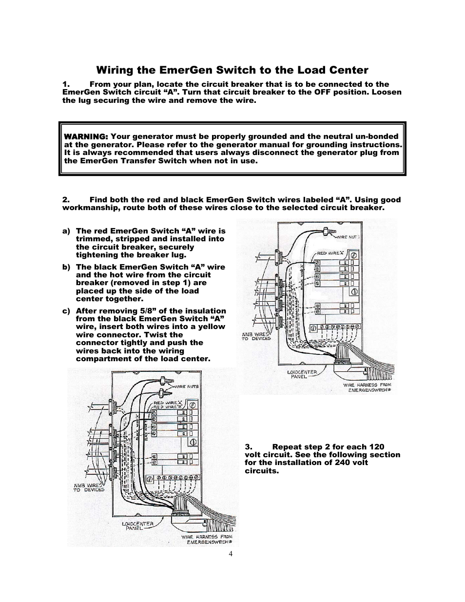 Wiring the emergen switch to the load center | HONDA L14-20R User Manual | Page 4 / 8