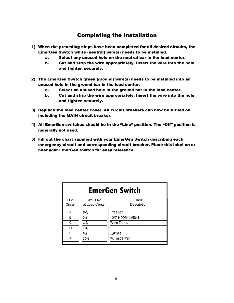 Emergen switch, Completing the installation | HONDA L14-20R User Manual | Page 6 / 8