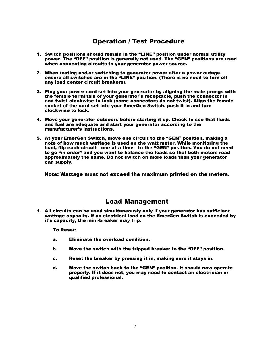 Operation / test procedure, Load management | HONDA L14-20R User Manual | Page 7 / 8