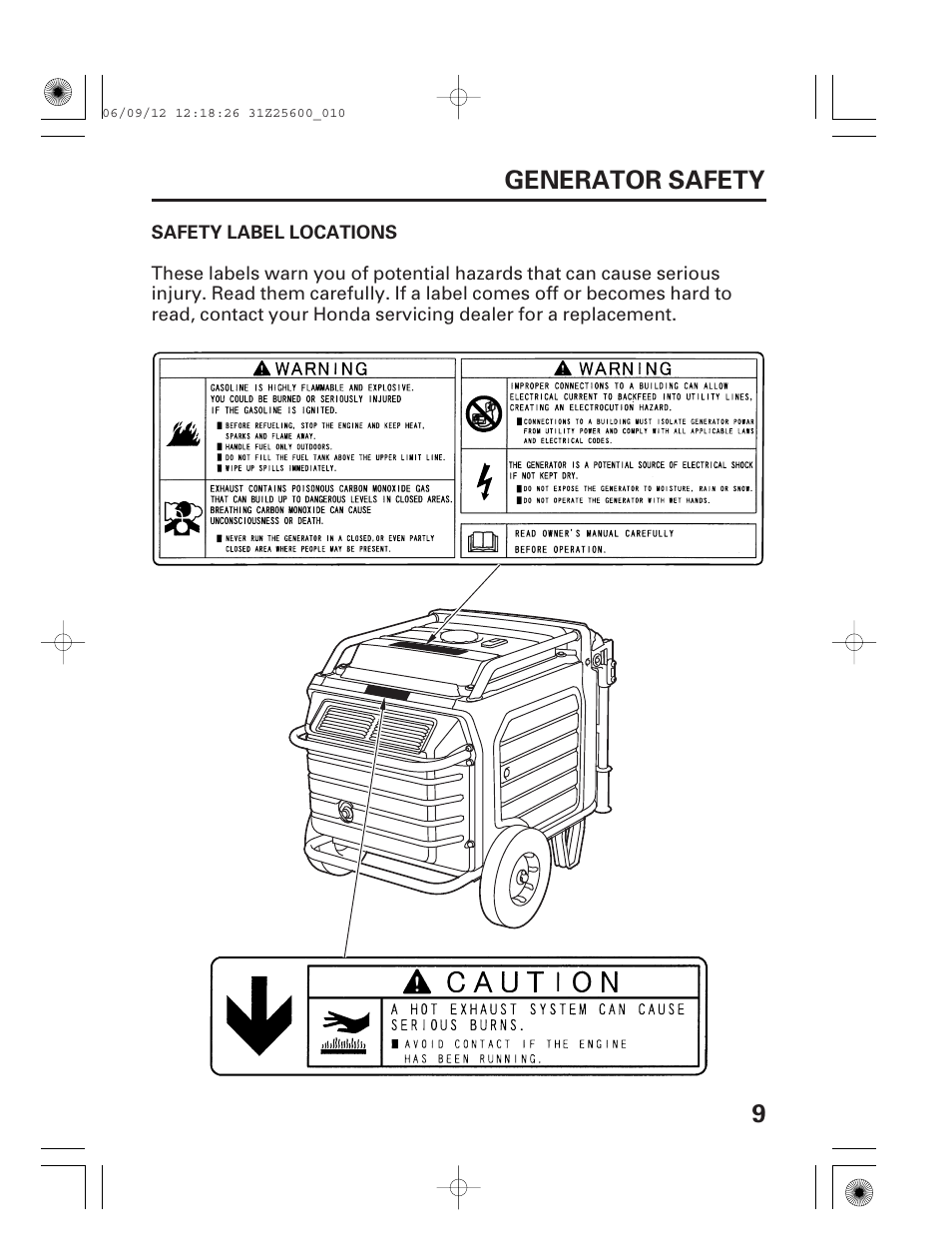Safety label locations, 9generator safety | HONDA EU6500is User Manual | Page 11 / 100