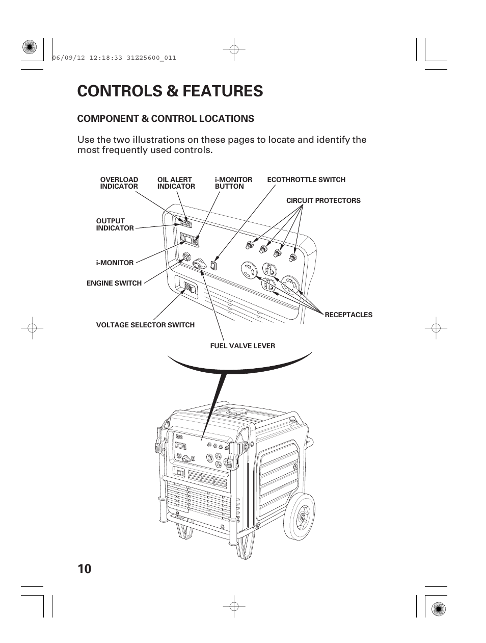 Controls & features, Component & control locations | HONDA EU6500is User Manual | Page 12 / 100