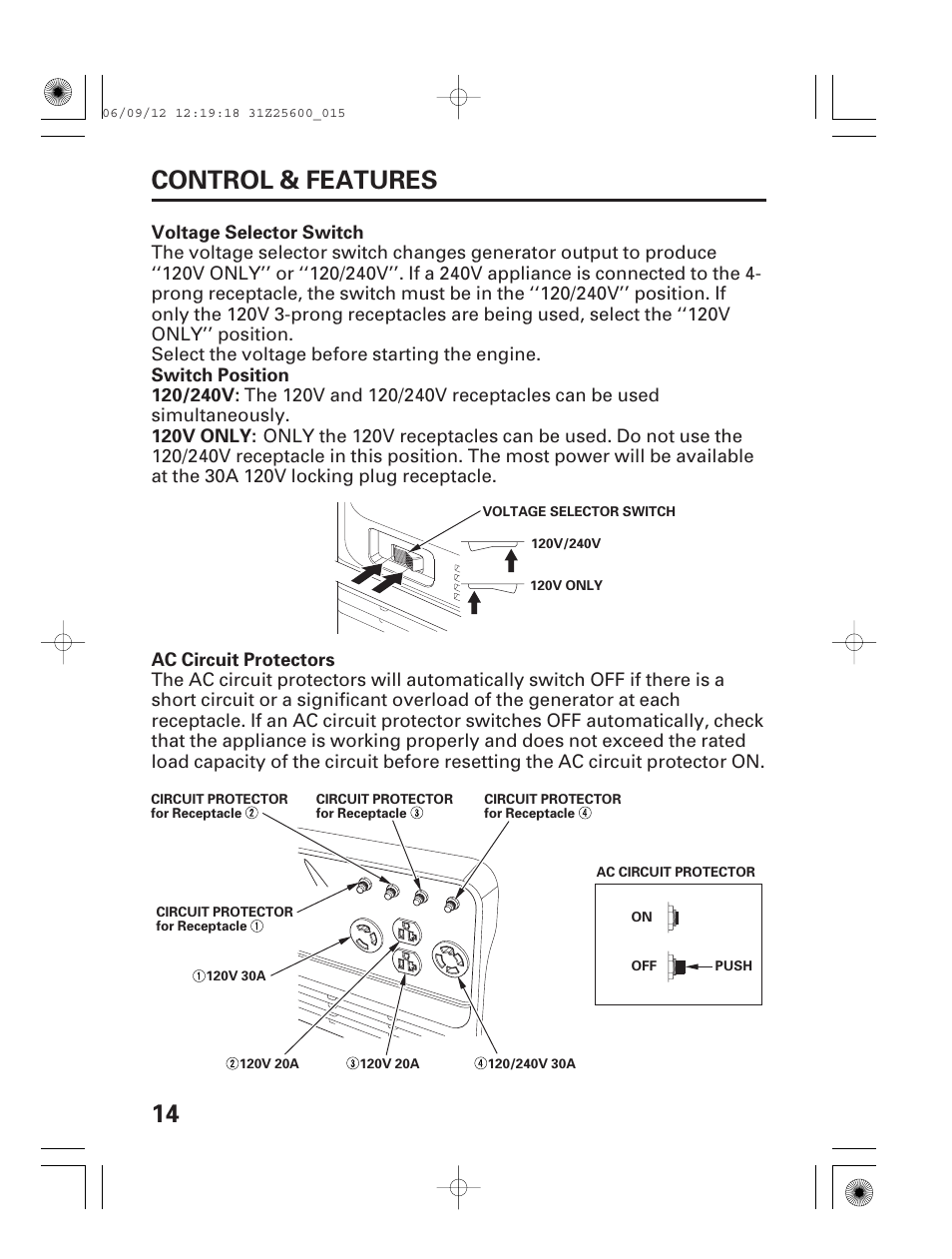 Voltage selector switch, Ac circuit protectors, 14 control & features | HONDA EU6500is User Manual | Page 16 / 100