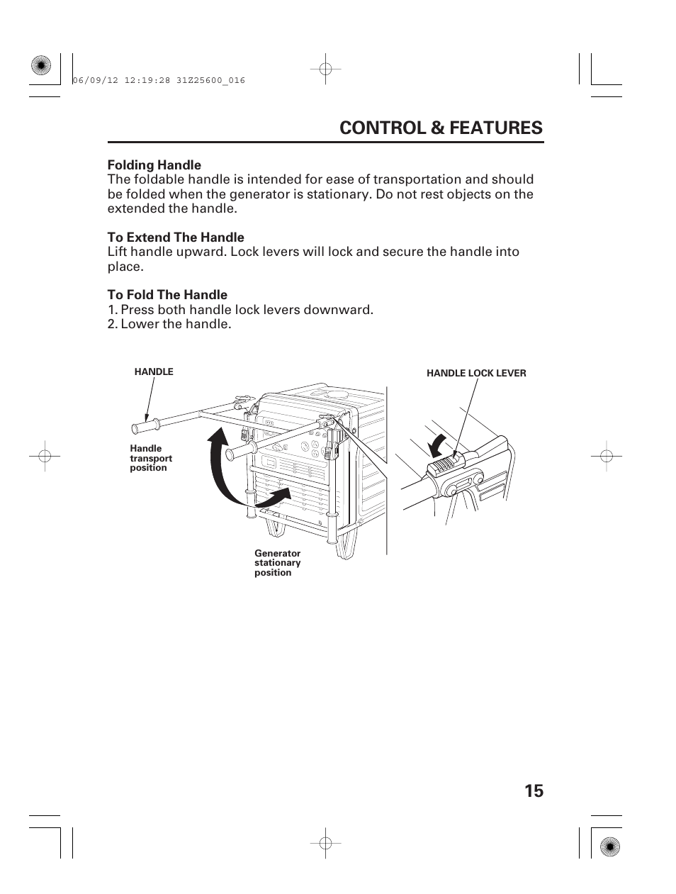 Folding handle, 15 control & features | HONDA EU6500is User Manual | Page 17 / 100