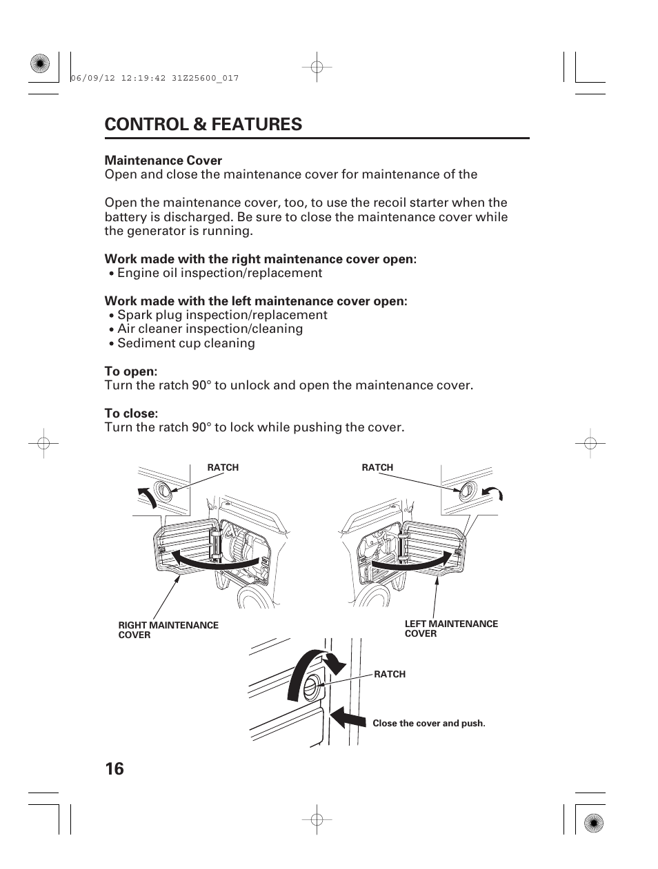 Maintenance cover, 16 control & features | HONDA EU6500is User Manual | Page 18 / 100