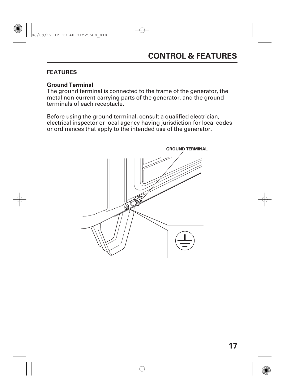 Features, Ground terminal, 17 control & features | HONDA EU6500is User Manual | Page 19 / 100