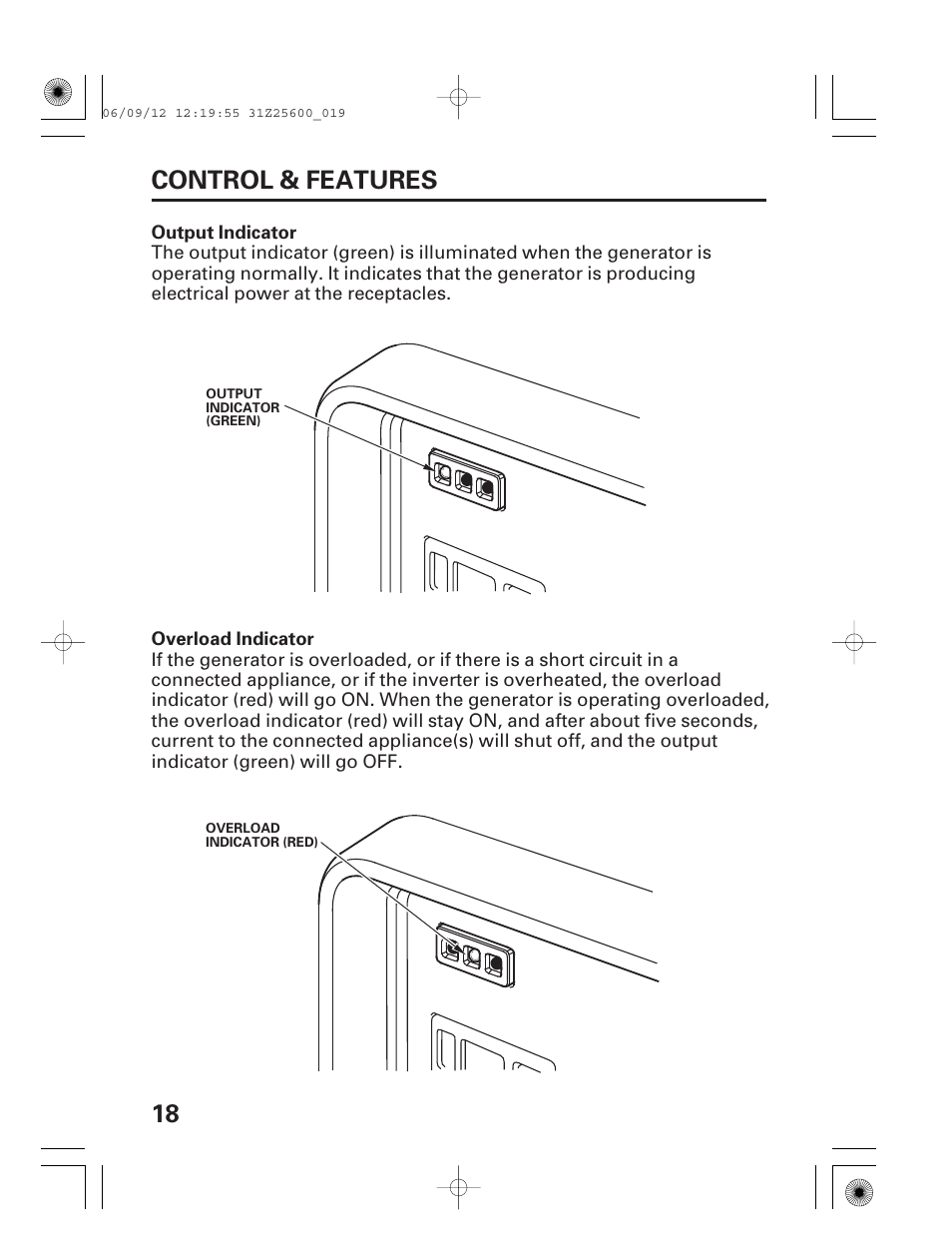 Output indicator, Overload indicator, 18 control & features | HONDA EU6500is User Manual | Page 20 / 100