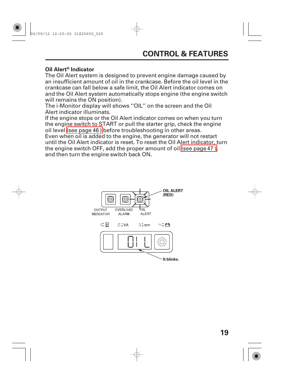 Oil alert® indicator, 19 control & features | HONDA EU6500is User Manual | Page 21 / 100