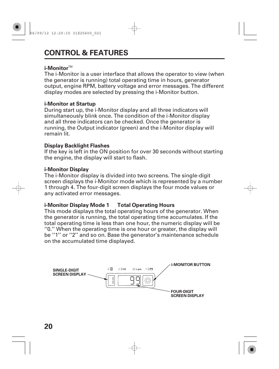 I-monitor, 20 control & features | HONDA EU6500is User Manual | Page 22 / 100