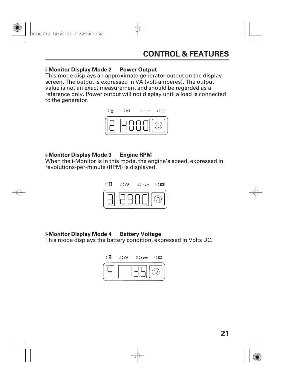 21 control & features | HONDA EU6500is User Manual | Page 23 / 100