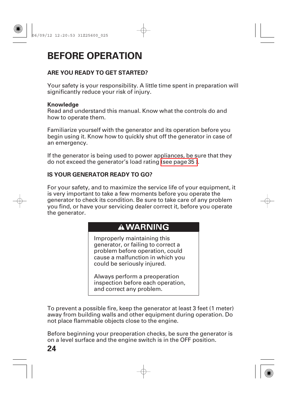 Before operation, Are you ready to get started, Is your generator ready to go | HONDA EU6500is User Manual | Page 26 / 100