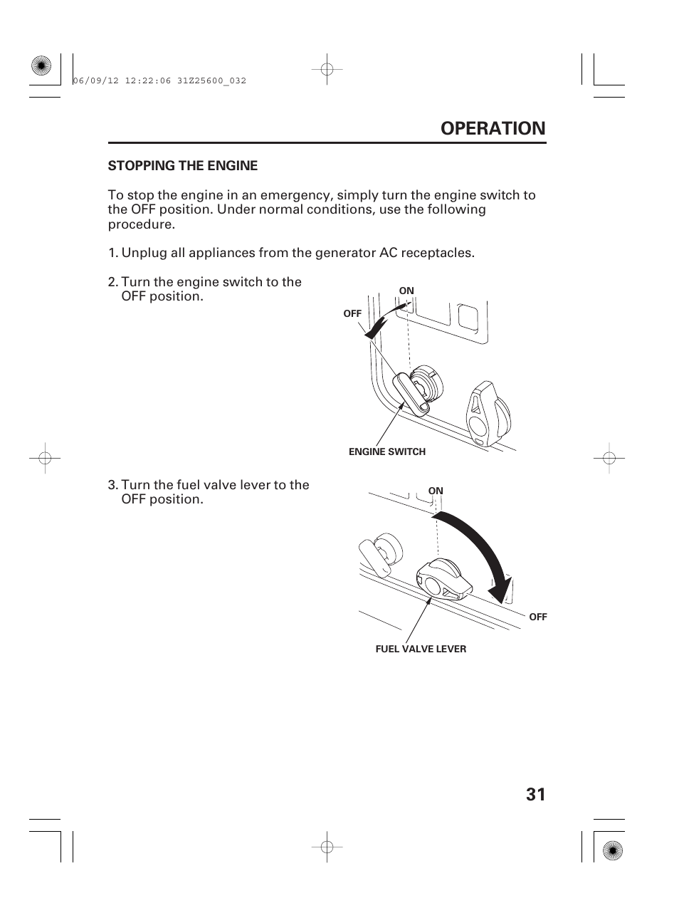 Stopping the engine, 31 operation | HONDA EU6500is User Manual | Page 33 / 100