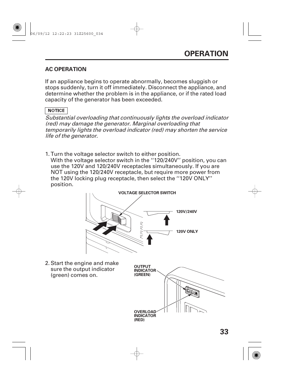 Ac operation, 33 operation | HONDA EU6500is User Manual | Page 35 / 100