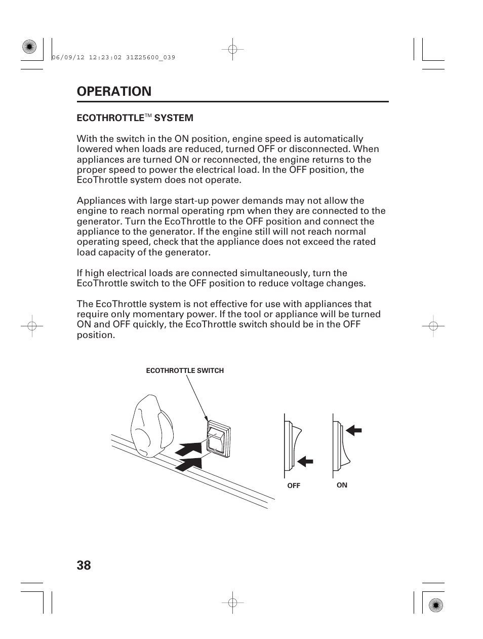 Ecothrottle™ system, 38 operation | HONDA EU6500is User Manual | Page 40 / 100