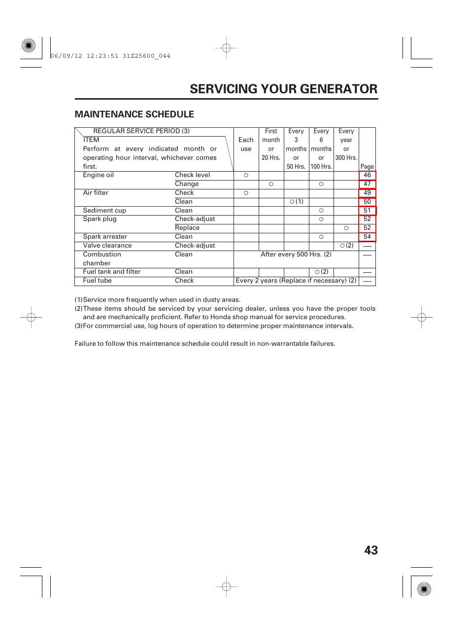 Maintenance schedule, 43 servicing your generator | HONDA EU6500is User Manual | Page 45 / 100