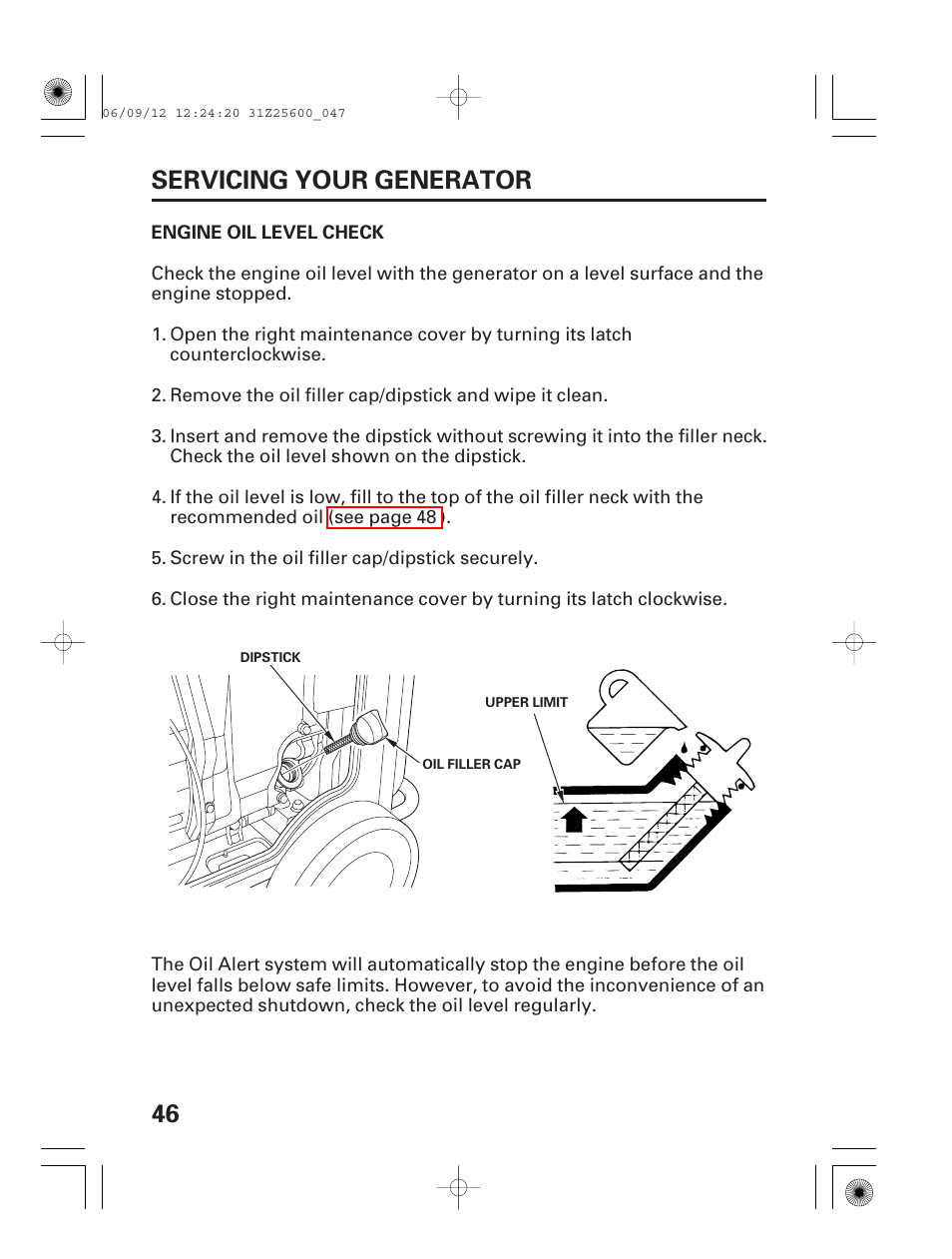 Engine oil level check, 46 servicing your generator | HONDA EU6500is User Manual | Page 48 / 100