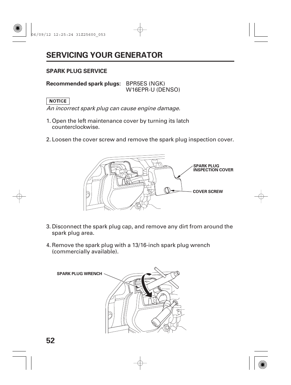 Spark plug service, 52 servicing your generator | HONDA EU6500is User Manual | Page 54 / 100