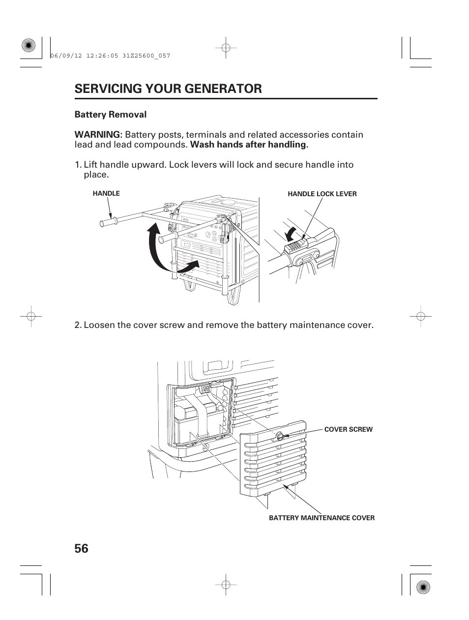 56 servicing your generator | HONDA EU6500is User Manual | Page 58 / 100