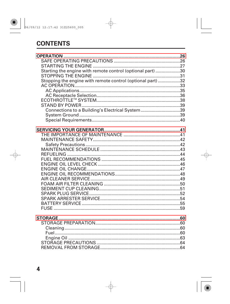 4contents | HONDA EU6500is User Manual | Page 6 / 100