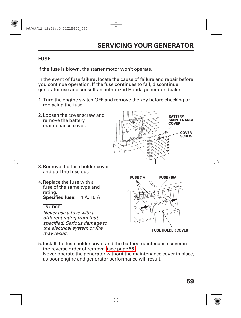 Fuse, 59 servicing your generator | HONDA EU6500is User Manual | Page 61 / 100