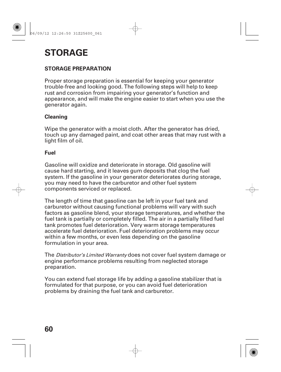 Storage, Storage preparation | HONDA EU6500is User Manual | Page 62 / 100