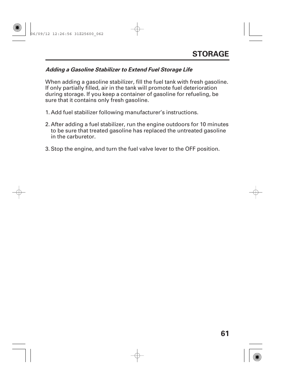 61 storage | HONDA EU6500is User Manual | Page 63 / 100