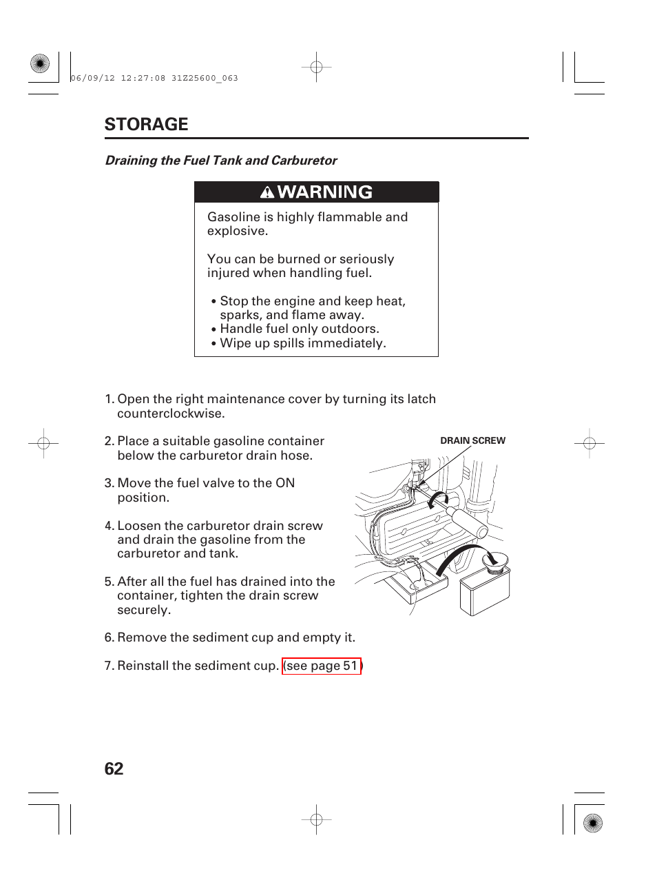 62 storage | HONDA EU6500is User Manual | Page 64 / 100