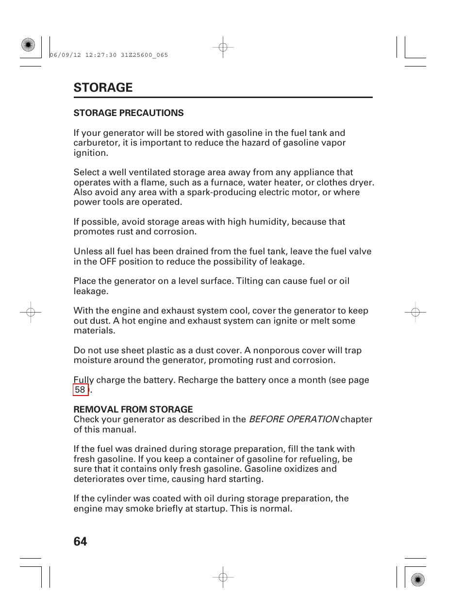 Storage precautions, Removal from storage, 64 storage | HONDA EU6500is User Manual | Page 66 / 100