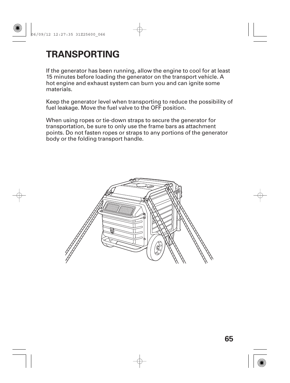 Transporting | HONDA EU6500is User Manual | Page 67 / 100