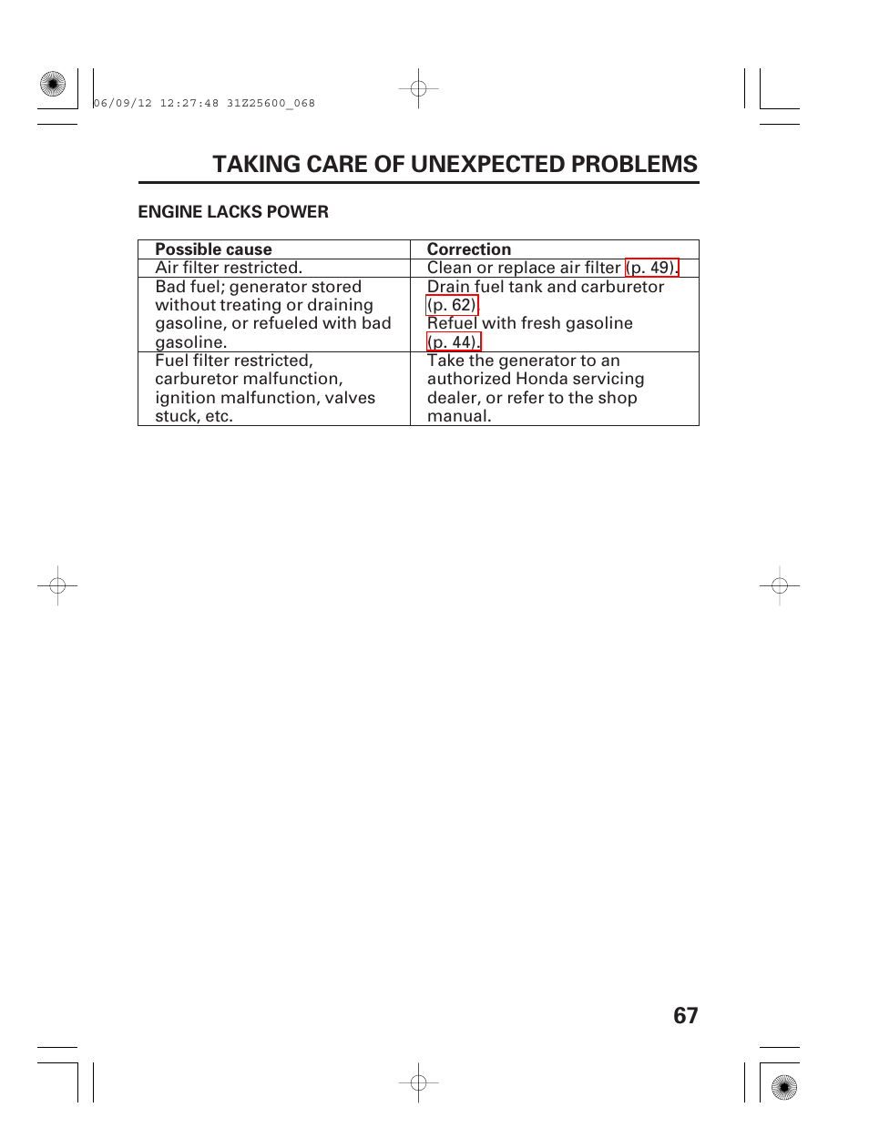 Engine lacks power, 67 taking care of unexpected problems | HONDA EU6500is User Manual | Page 69 / 100