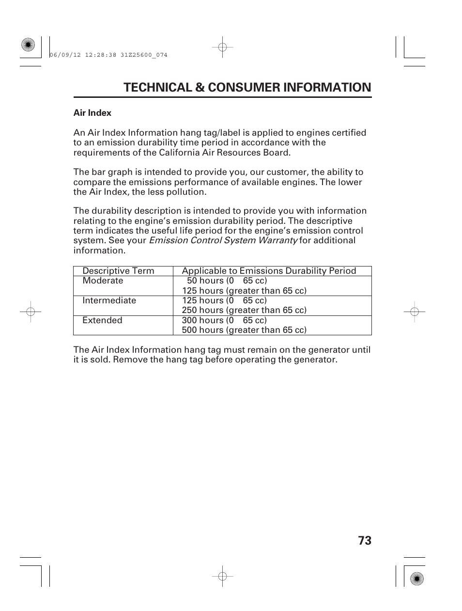 Air index, 73 technical & consumer information | HONDA EU6500is User Manual | Page 75 / 100