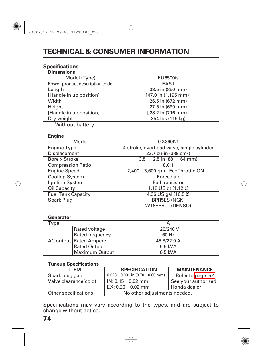 Specifications, 74 technical & consumer information | HONDA EU6500is User Manual | Page 76 / 100