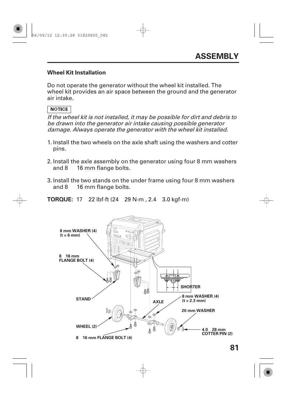 Wheel kit installation, 81 assembly | HONDA EU6500is User Manual | Page 83 / 100