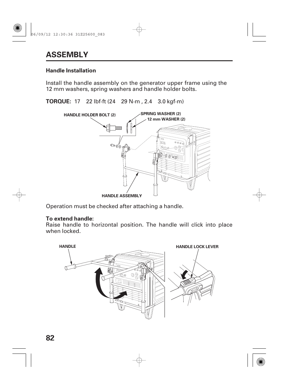 Handle installation, 82 assembly | HONDA EU6500is User Manual | Page 84 / 100